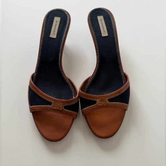 Burberry Shoes - Burberry Navy and Brown Leather-Trim Slide Mules